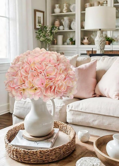 Hollyone 6 Pcs Light Pink Hydrangea Artificial Flowers Heads with Stems Silk Faux Hydrangea Pink Fake Flowers for Home Indoor Outdoor DIY Floral Wedding Flower Bouquets Kitchen Table Centerpiece Decor