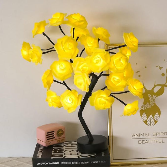 Drawelry Rose Flower Tree Lamp - LED Rose Tree Table Lamp USB/Battery Powered Artificial Bonsai Flower Night Light for Bedroom Living Room Party Wedding Birthday Decor (Yellow)