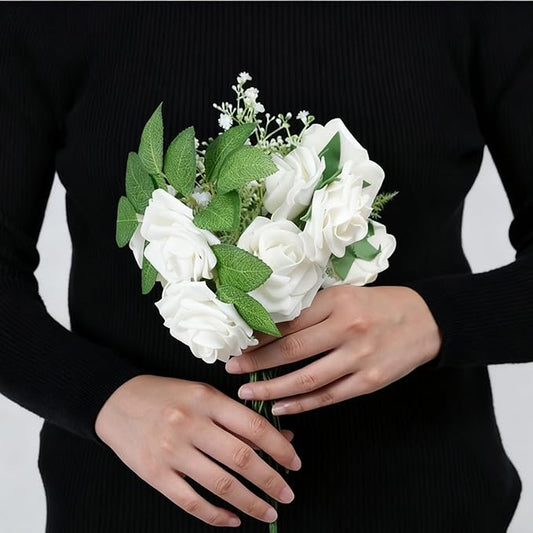 60Pcs Artificial Rose Flowers, Real Looking Fake Roses for Decorations, Foam Rose Bulk with Stems for DIY Wedding Bouquets Floral Arrangements Bridal Shower Party Home Decor (60, White)