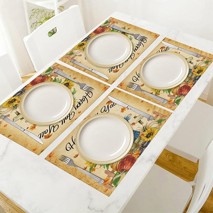 Autumn Scarecrow Placemats Farmhouse Rustic Vintage Brown Sunflower Pumpkin Flower Maple Thanksgiving Placemats Table Kitchen Dining Party 12x18 Inch Set of 4