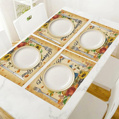 Autumn Scarecrow Placemats Farmhouse Rustic Vintage Brown Sunflower Pumpkin Flower Maple Thanksgiving Placemats Table Kitchen Dining Party 12x18 Inch Set of 6