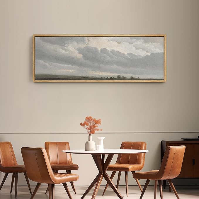 SIGNFORD Large Framed Canvas Print Wall Art Expansive Cloudy Sky Over Landscape Soft Neutral Horizon Scene Illustrations Modern Art Relax/Calm Warm for Living Room, Bedroom, Office - 60"x20"