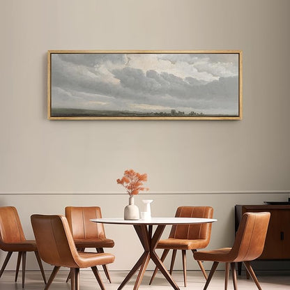 SIGNFORD Large Framed Canvas Print Wall Art Expansive Cloudy Sky Over Landscape Soft Neutral Horizon Scene Illustrations Modern Art Relax/Calm Warm for Living Room, Bedroom, Office - 60"x20"