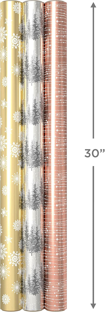 Hallmark Foil Wrapping Paper with Cut Lines on Reverse (3 Rolls: 60 Sq. Ft. Ttl) Rose Gold, Silver Trees, Gold Snowflakes for Winter Weddings, Graduations, Valentine's Day