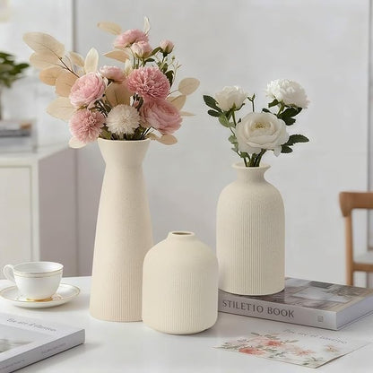 Christmas Ceramic Flower Vases Set of 3, Large Xmas Gift Vases with Vertical Stripe Texture, Modern Decorative Vases for Dried Flowers, Home Decor for Living Room Bedroom Kitchen Shelf(Beige)
