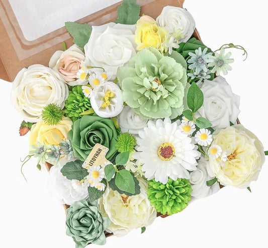 Artificial Flowers, White Green Fake Silk Flower, Silk Flowers with Stems, Wedding Cake Flowers for DIY Wedding Bridal Bouquets Centerpieces Decor