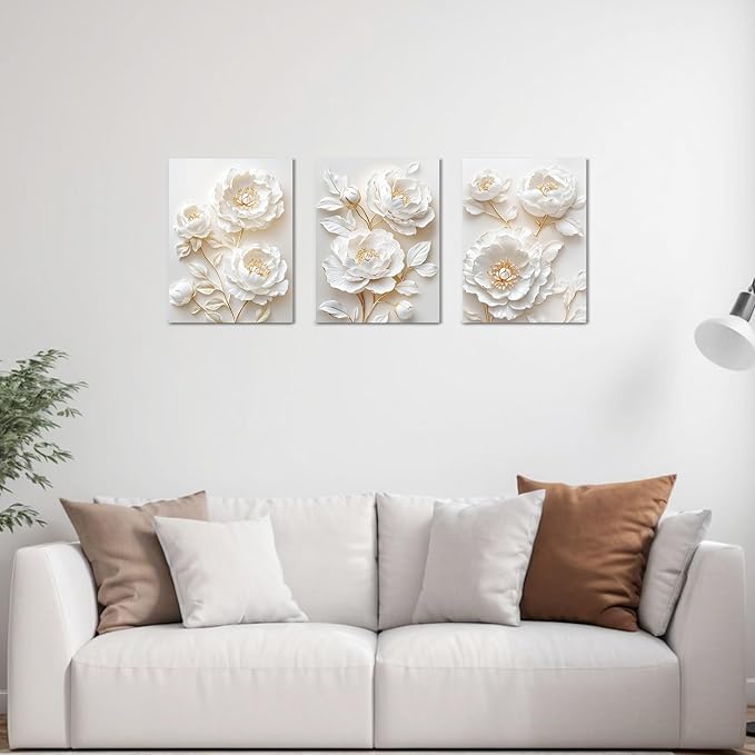 Sepwrol White Flower Canvas Wall Art Modern Abstract Rose Blooming Floral Textured Printing Artwork for Home Bedroom Living Room Wall Decor, 12"x16" 3 Panel (White-3)