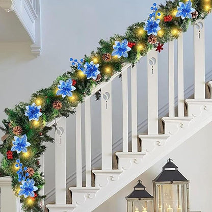 24 Pcs Royal Blue Boxed Christmas Poinsettia Flowers Set, 16 Pcs Artificial Poinsettias with Clips, 8 pcs Glitter Christmas Tree Ornaments Berry Stems for Wedding Home Holiday Xmas Decorations