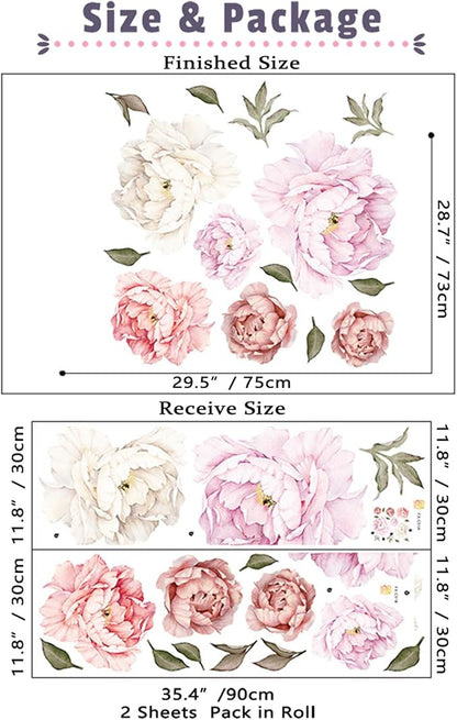 Watercolor Peony Flowers Wall Decals Floral Wall Stickers for Living Room, Delicate White & Pink Flowers Wall Posters Vinyl Blossom Art Applique for Bedroom Girls Room