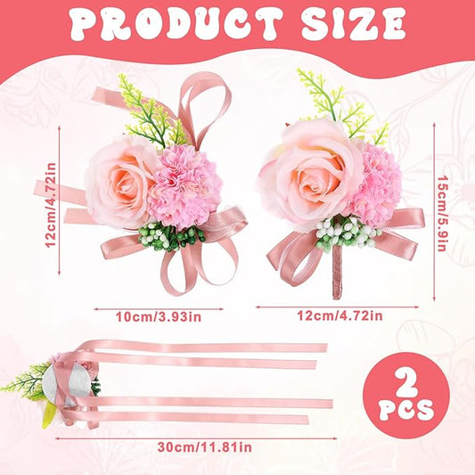 Corsage and Boutonniere Set, Artificial Corsage Wristlet and Boutonniere for Wedding Flowers Accessories (Pink, 2PCS)