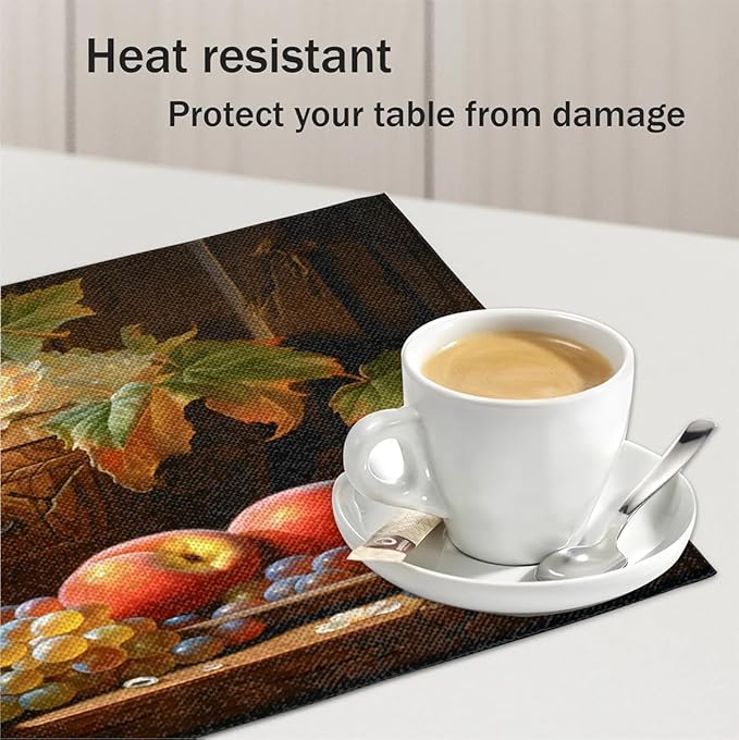 Grape Placemats, Place Mats Set of 4, Heat Resistant Place Mats, Washable Table Mats for Dining Table, Non-Slip Stain Resistant Kitchen Table Placemats, Floral Vintage Fruit Rustic