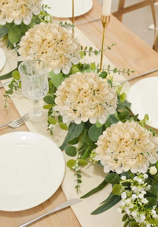 Hollyone Yellow Silk Hydrangea Artificial Flowers Heads 7.4inch Large Fake Hydrangea 4Pcs Full Faux Flowers with Stems for Wedding Party Table Centerpieces Flower Arrangement Home Decor