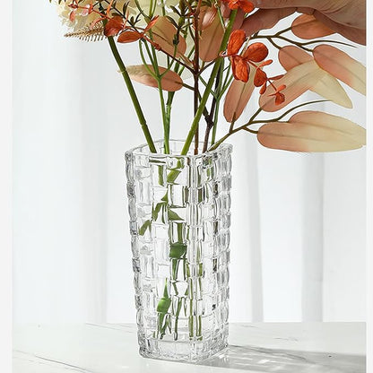 Clear Glass Vase for Flowers Square Embossed Rectangle 6in High Glass Bud Vases Small Vase for Flowers Plant Terrarium Candle Holder Water Glasses for Wedding Centerpiece Office Table, Rattan