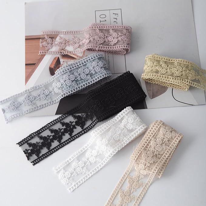5 Yard Floral Lace Ribbon, Delicate Daisy Lace Trim for Wedding Dresses, DIY Crafts, Clothing, and Curtain Embellishments(Black)