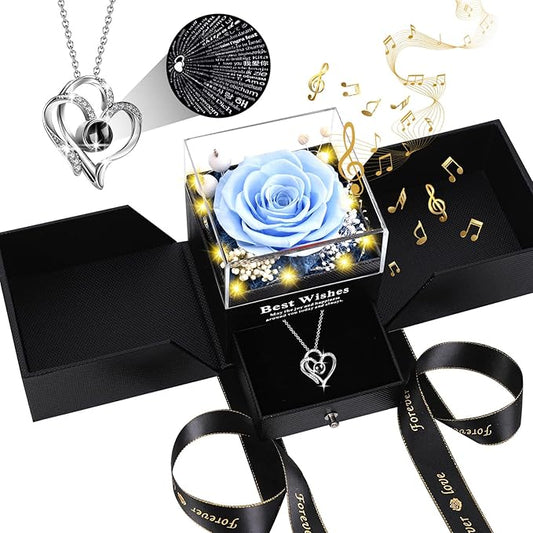 Christmas Birthday Gifts for Women - Preserved Real Rose with I Love You Heart 100-Language Necklace, LED Lights & Music Gift Box, Christmas for Women Girlfriend Mom