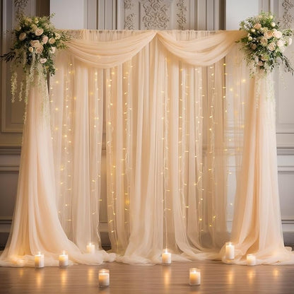 20x8ft Champagne Tulle Backdrop Curtain with Lights String for Parites, Sheer Backdrop Curtains for Wedding Baby Shower Birthday Party Photo Shoot Decorations