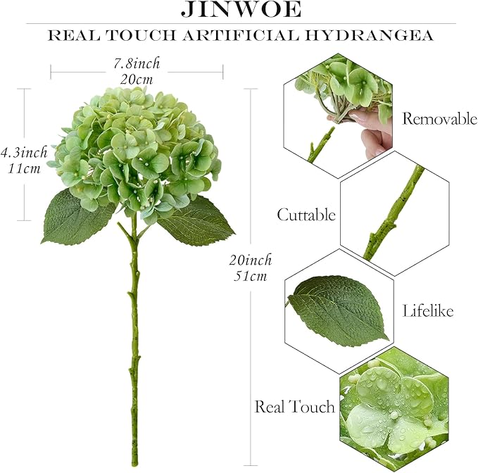 Light Green Artificial Hydrangeas, 4Pcs 20" Real Touch Silk Flowers,Lifelike Hydrangeas Stems Faux Flowers for Bouquet Table Centerpieces Indoor Spring Outdoor Home