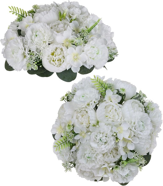 BLOSMON Flower Balls for Table Centerpieces: 2pc 9.5 Inch White Artificial Peony Floral Arrangement Bouquet Dinning Table Decoration Easy Use Kissing Ball for Home Party Decor