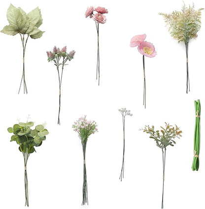 Floroom Artificial Greenery Stems Box Set, 45pcs with 6 Kinds of Faux Greenery Flowers Picks for DIY Bridal Bouquets Wedding Floral Arrangement Table Centerpieces, Dusty Rose & Green