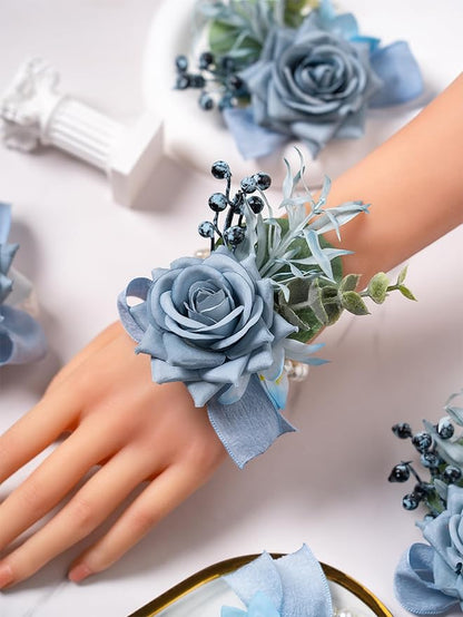 Meldel Dusty Blue Corsage and Boutonniere Set, Rose Boutonniere for Men, Prom Flower Wrist Corsage Bracelets, Homecoming Corsages Wristlet, Men Boutonnieres for Wedding Flowers Accessories Prom Suit