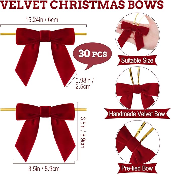 30 Pcs Velvet Ribbon Bows 3.5" x 3.5" Pre Tied Christmas Velvet Bows with Twist Tie for Gift Packaging Christmas Tree Wreaths Door Windows Wedding Party Decoration(Bright Red)