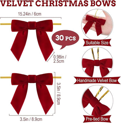 30 Pcs Velvet Ribbon Bows 3.5" x 3.5" Pre Tied Christmas Velvet Bows with Twist Tie for Gift Packaging Christmas Tree Wreaths Door Windows Wedding Party Decoration(Bright Red)
