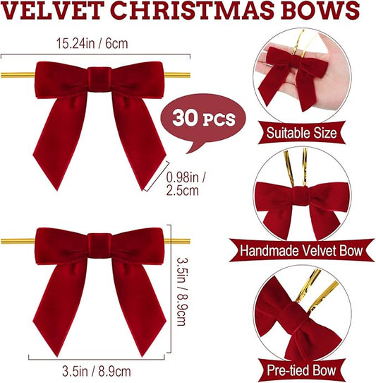 30 Pcs Velvet Ribbon Bows 3.5" x 3.5" Pre Tied Christmas Velvet Bows with Twist Tie for Gift Packaging Christmas Tree Wreaths Door Windows Wedding Party Decoration(Bright Red)