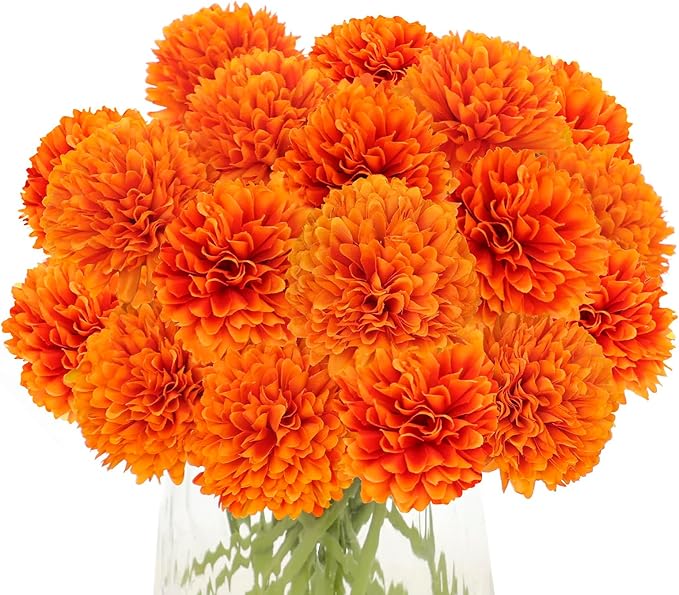 Kimura's Cabin 20Pcs Orange Fake Mums Flowers Artificial Silk Chrysanthemums Faux Ball Flower for Wedding Arrangement Fall Bouquets Home Table Decoration Halloween Thanksgiving Decor(Orange)