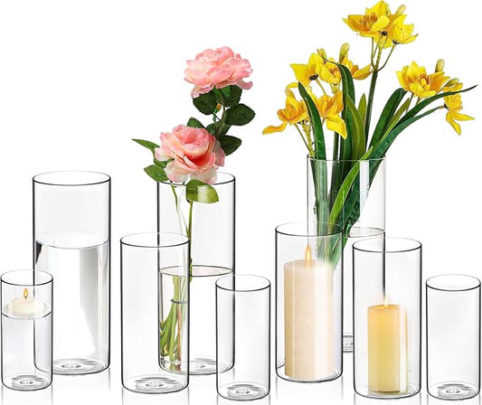 9 Pack Cylinder Vases- for Centerpieces, 6,8,10 Inch Clear Glass Cylinder Candle Holder- for Wedding Centerpirces Decoration Tall Clear Flower Vases, Hurricane Candle Holder for Party Home Decor