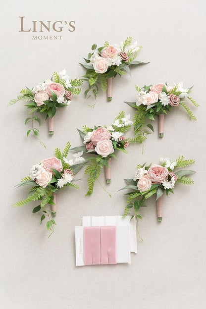 Ling's moment Artificial Flowers Pink Bridesmaid Bouquet Set of 6, Dusty Rose Wedding Flowers Bouquets for Bridesmaids, 7 Inch Bridal Bouquets for Bridesmaids, Wedding, Ceremony, Anniversary, etc
