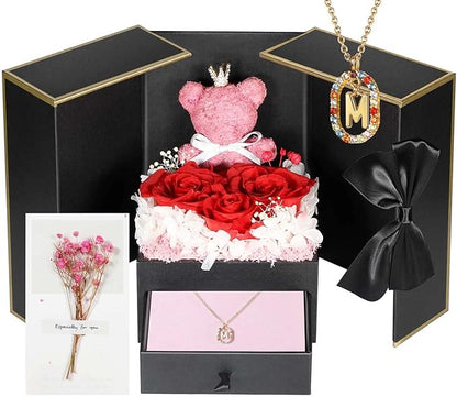 Cute Preserved Real Roses Bear Gift with 18K Gold Plated Initial Necklaces for Women, Mothers Day Birthday Anniversary Christmas Valentines Presents for Mom Girlfriend Wife