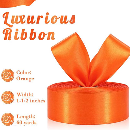 Orange Ribbon 1-1/2 Inch, 60 Yards Orange Satin Ribbon for Gift Wrapping, Fabric Ribbon for Flower Bouquet Crafts Halloween Christmas Thanksgiving