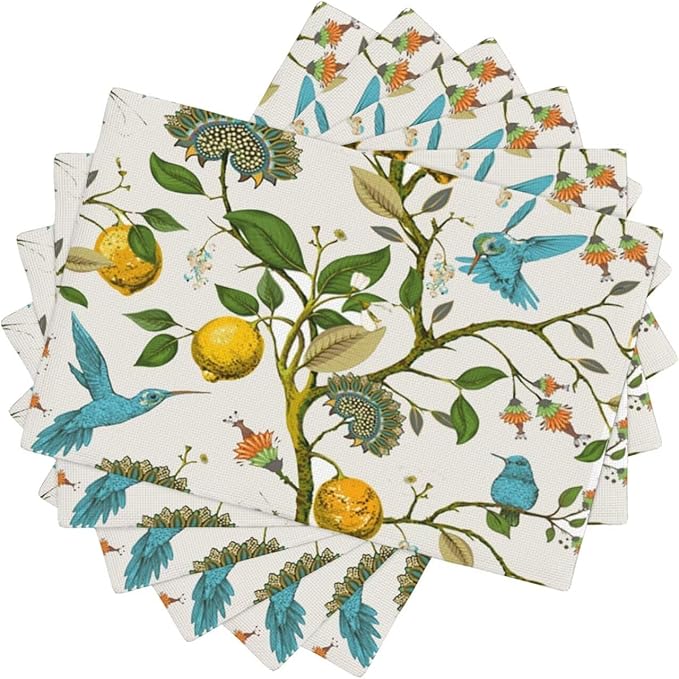 Lemon Linen Placemats Set of 6 Retro Plant Bird Print Placemats for Indoor Outdoor Party Home Desktop Kitchen Dining Room Decor 12x18 Inch