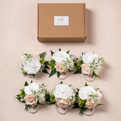 Meldel White Wrist Corsage, Set of 6, Homecoming Wrist Flower Girl/Mother Corsages Wristlet Décor Perfect for Bride Bridesmaids Wedding Guests Hand Flower, Proms, Party, Ceremony Anniversary