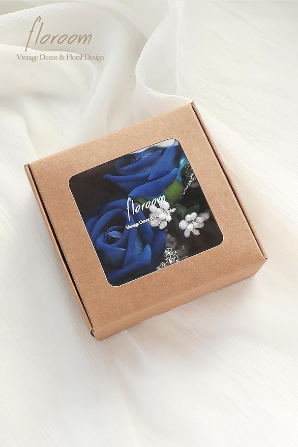 Floroom Royal Blue Rose Wrist Corsage Wristlet Band Bracelet and Men Boutonniere Set for Wedding Flower Accessories Prom Suit Decorations