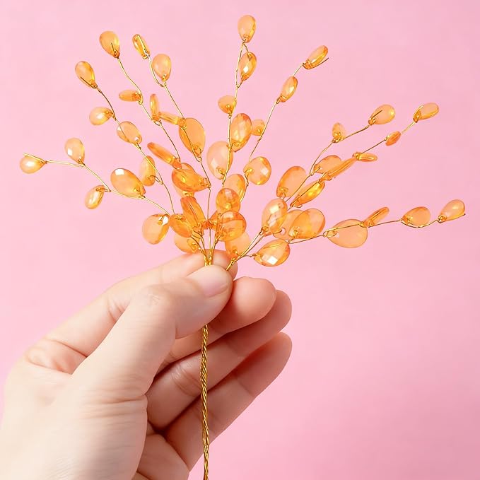 BEIQIYA 25pcs Acrylic Crystal Flower Branches, Artifial Bead Drop Bouquets, Orange Floral Picks Arrangement for Wedding Christmas Thanksgiving Day Home Office Table Top Decortaion