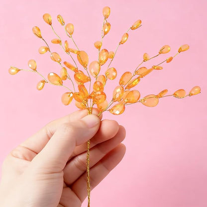 BEIQIYA 25pcs Acrylic Crystal Flower Branches, Artifial Bead Drop Bouquets, Orange Floral Picks Arrangement for Wedding Christmas Thanksgiving Day Home Office Table Top Decortaion
