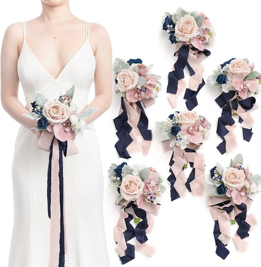 Ling's moment Artificial Flowers Dusty Rose & Navy Blue Bridesmaid Bouquet Set of 6, Wedding Flowers Bouquets for Bridesmaids, 7 Inch Bridal Bouquets for Bridesmaids, Wedding, Ceremony, etc
