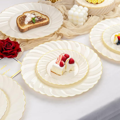YOUBET 125PCS Scalloped Plastic Plates - Ivory Scalloped Disposable Plates - Gold Plastic Dinnerware Set Include 50 Plates, 75 Gold Silverware for Party & Wedding & Christmas