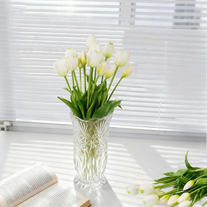 15Pcs Fake Tulips Artificial Flowers Real Touch Latex Bouquet Faux Tulips for Centerpiece Arrangements Wedding Party Home Décor (White)