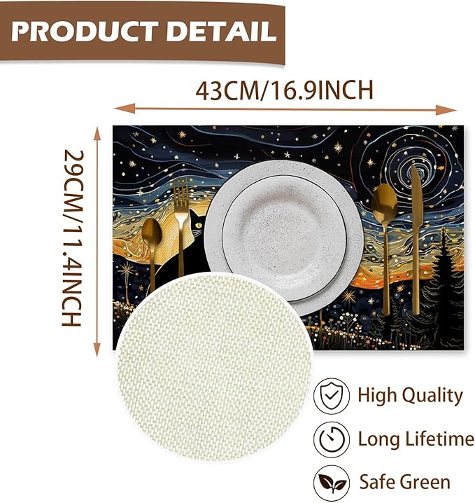 Cat Placemats Set of 4, Starry Night Black Cat Table Mats Place Mats for Kitchen Dining Table Decoration 16.9x11.4 Inch