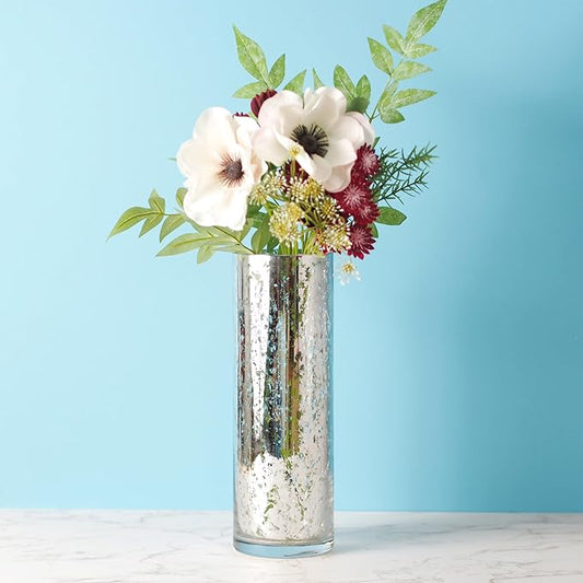 Hosley 12 Inch High Metallic Silver Speckled Finish Glass Floral Vase. Ideal Gift for Floral Arrangements Weddings Bridal Spa Meditation Reiki Rose Vase Nautical Settings Led Lantern Votive Garden P1