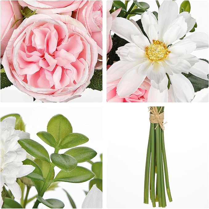 Peonies Artificial Flowers, 11pcs Faux Pink Flowers Artificial Realistic Peony and Daisies Silk Flower Arrangements 14.5" Fake Flowers for Vase Centerpiece Wedding Party Home Decor DIY Bridal Bouquet