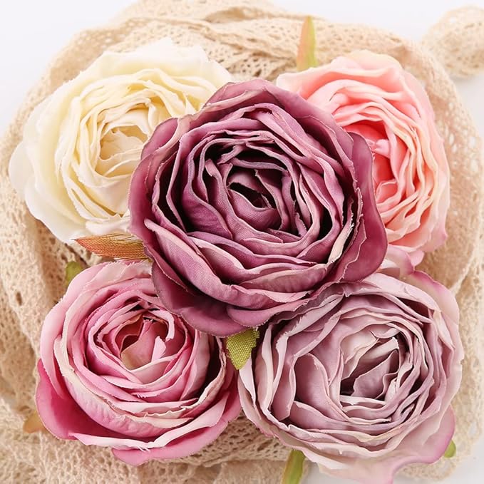 IPOPU Roses Heads Dried Silk Flowers 25PCS Fake Roses Heads for Floral Arrangements Roses Artificial Flowers for Silk Bouquet Bulk Wedding Flowers in Purple Bulk Silk Roses (Light Pink Purple Mixed)