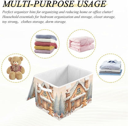 senya Christmas Baskets Collapsible Storage Bins with Lids, Christmas Snow Gingerbread Man Storage Boxes Clothes Baskets for Organizing, B06D22020