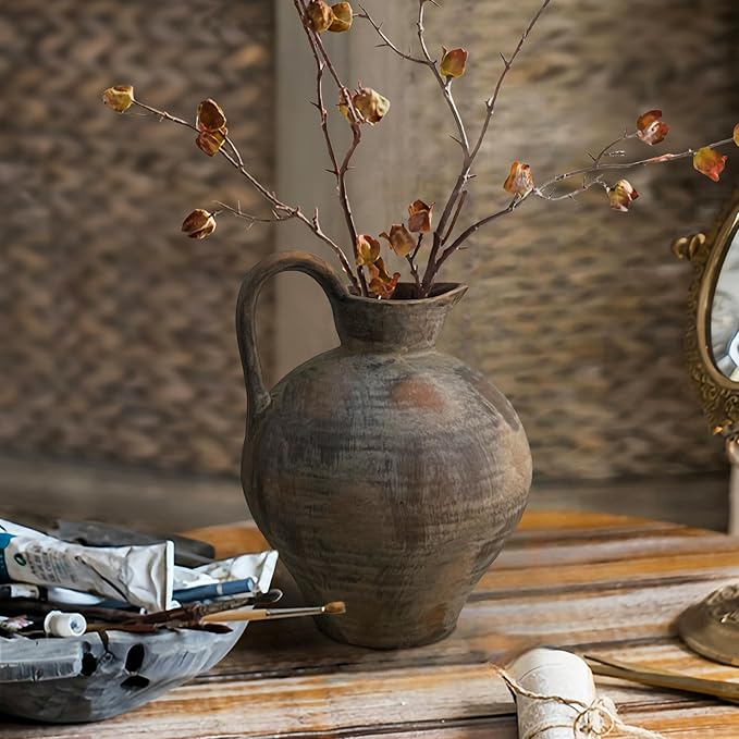 Ceramic Rustic Farmhouse Vase with Handle, 8.7 Inch Brown Vintage Vase, Rustic Ceramic Pottery for Home Decor, Farmhouse Decor Centerpiece for Kitchen, Living Room, Entryway