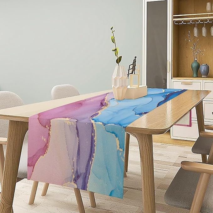 Pink Blue Marble Table Runner Sea Blue Maroon Gold Veins Unique Ombre Abstract Ink Texture Seasonal Dinner Runner Table Decoration for Farmhouse Home Kitchen Dining Holiday Party 13x120in