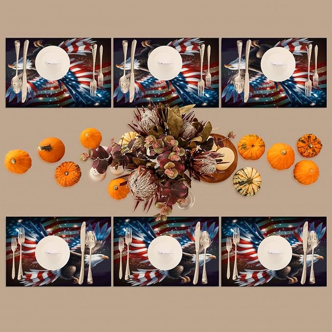 Independence Day Bald Eagles Flag Placemats Set of 6 PVC Vinyl Non Slip Table Mats Waterproof Heat Resistant Place Mats Washable Wipeable Dining Table Mat for Kitchen Party Indoor Outdoor Decorative