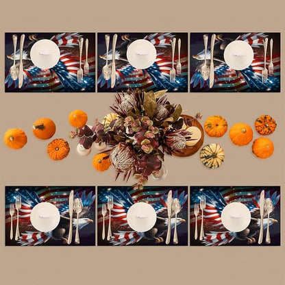 Independence Day Bald Eagles Flag Placemats Set of 6 PVC Vinyl Non Slip Table Mats Waterproof Heat Resistant Place Mats Washable Wipeable Dining Table Mat for Kitchen Party Indoor Outdoor Decorative