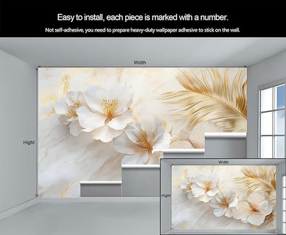 White Flowers Marble Wall Mural, Luxury Floral 3D Wall Murals, Elegant Gold Leaf Design Wallpaper Mural, for Living Room Bedroom Large Wallpaper Indoor Decor 78.7" W x55.1 H